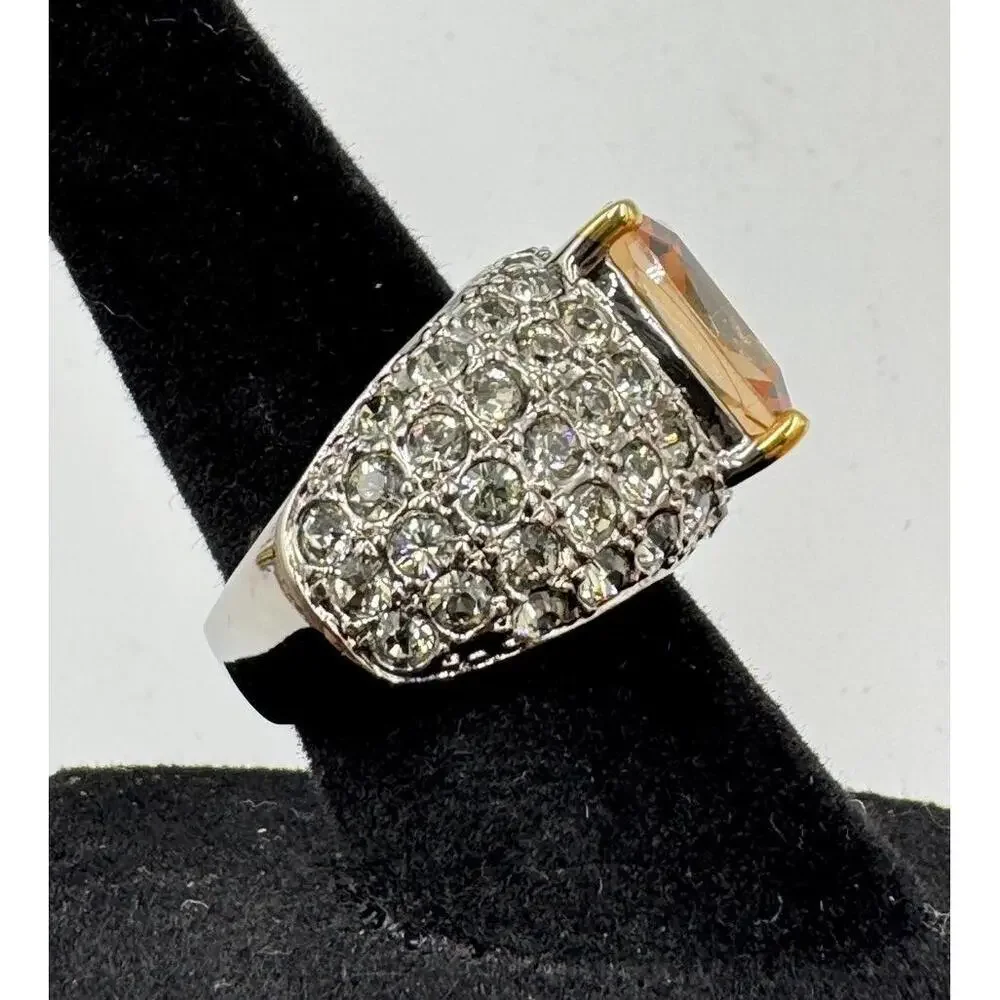 Nolan Miller Sparkly Peach CrystalGun‎ Metal Band Cocktail Statement Ring Size 6